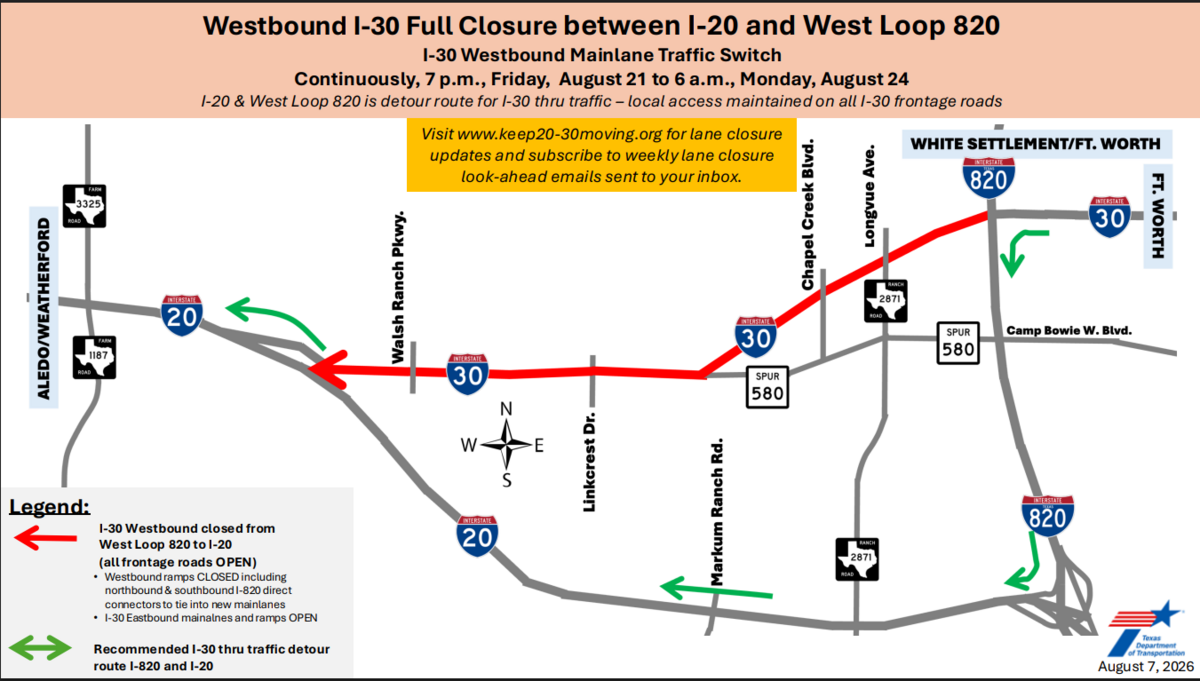 TxDOT will close a portion of I-30 in west Fort Worth for a traffic switch.